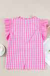 Pink Checkered Ruffled Sleeve Frilled Neck Blouse