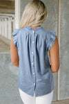 Blue Frilly Pleated Button Back Retro Chambray Top