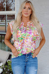 Purple Abstract Ruffled Short Sleeve Notched Neck Blouse
