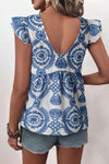 Blue Boho Flutter Sleeve Blouse
