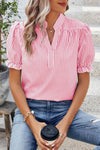 Pink Stripe Short Puff Sleeve Blouse