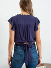 Scallop Lace Trim Back Tie Short Sleeve Crop Top - Navy