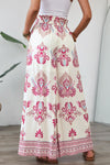 Rose Boho Printed Shirred High Waist Wide Leg