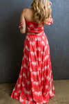 Two Piece Red Shirred Off Shoulder Crop Top and Slit Maxi Skirt