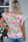 Purple Abstract Ruffled Short Sleeve Notched Neck Blouse
