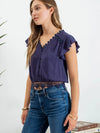 Scallop Lace Trim Back Tie Short Sleeve Crop Top - Navy
