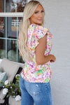 Purple Abstract Ruffled Short Sleeve Notched Neck Blouse