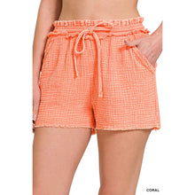  Washed Double Gauze Frayed Hem Drawstring Shorts - Coral