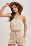 SMOCKED TUBE TOP RUFFLED HEM DRAWSTRING ROMPER