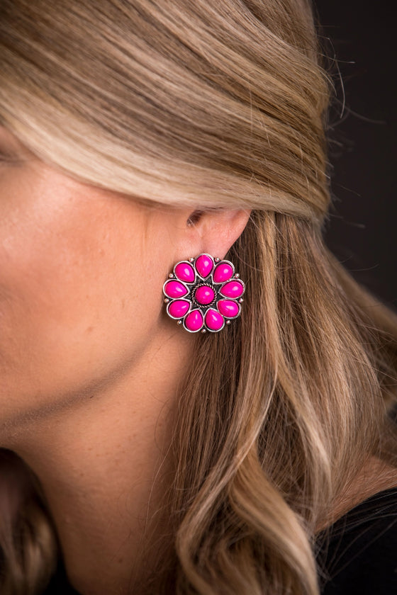 Burnished Silver and Pink Flower Stud Earring