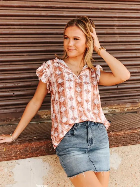 Rust Aztec Short Sleeve V-Neck Ruffle Sleeve Top