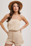 SMOCKED TUBE TOP RUFFLED HEM DRAWSTRING ROMPER