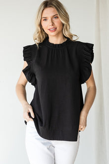  Solid Ruffle Cap Sleeve Top - Black