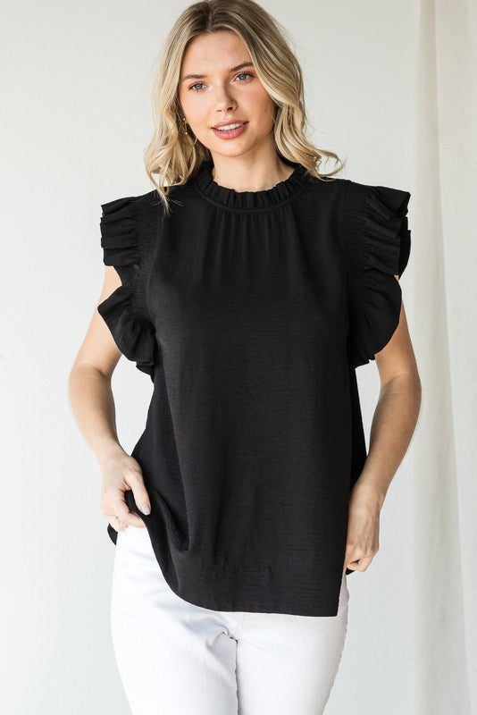 Solid Ruffle Cap Sleeve Top - Black