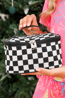  Black Checkered Zipper Large Cosmetic Bag with Handle