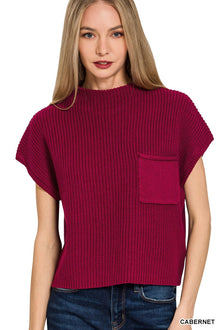  Mock Neck Short Sleeve Sweater - Cabernet