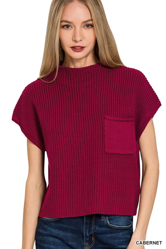 Mock Neck Short Sleeve Sweater - Cabernet