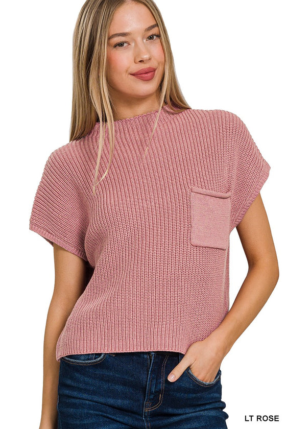 Mock Neck Short Sleeve Cropped Sweater - Rose