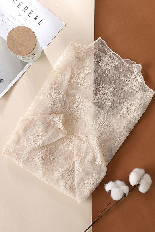Sheer Lace Long Sleeve Top - Beige