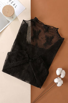  MESH LACE HIGH NECK DESIGN LONG SLEEVE FITTED TOP- Black