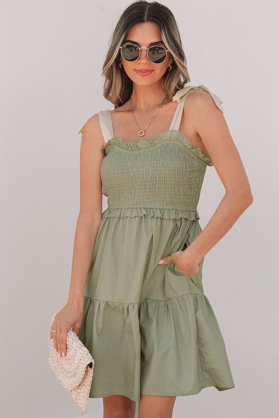 Smocked Bodice Self-tie Straps A-line Dress