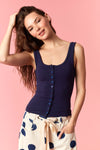 Picot Edge Slub Viscose Button Scoop Neck Top