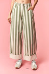 Stripe Rolled Up Barrel Printed Jeans