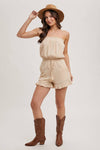 SMOCKED TUBE TOP RUFFLED HEM DRAWSTRING ROMPER