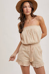 SMOCKED TUBE TOP RUFFLED HEM DRAWSTRING ROMPER