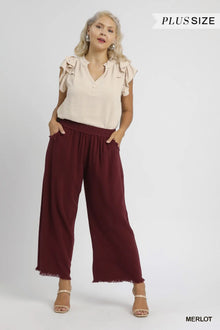  Frayed Hem Wide-Leg Pants - Merlot