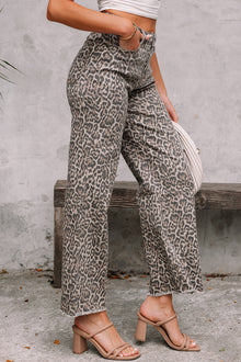  Leopard Frayed Edge Wide Leg High Waist Jeans