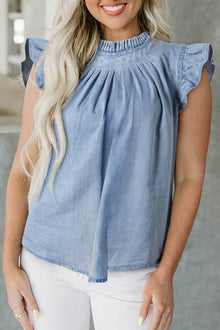  Blue Frilly Pleated Button Back Retro Chambray Top