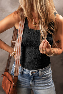  Black Floral Jacquard Square Neck Tank Top