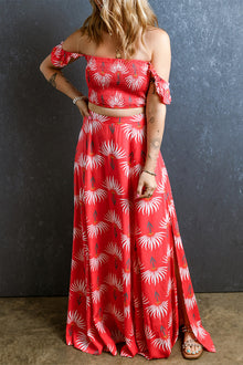  Two Piece Red Shirred Off Shoulder Crop Top and Slit Maxi Skirt
