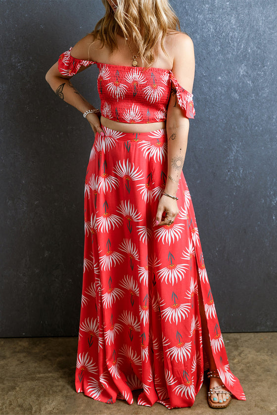 Two Piece Red Shirred Off Shoulder Crop Top and Slit Maxi Skirt