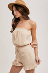 SMOCKED TUBE TOP RUFFLED HEM DRAWSTRING ROMPER