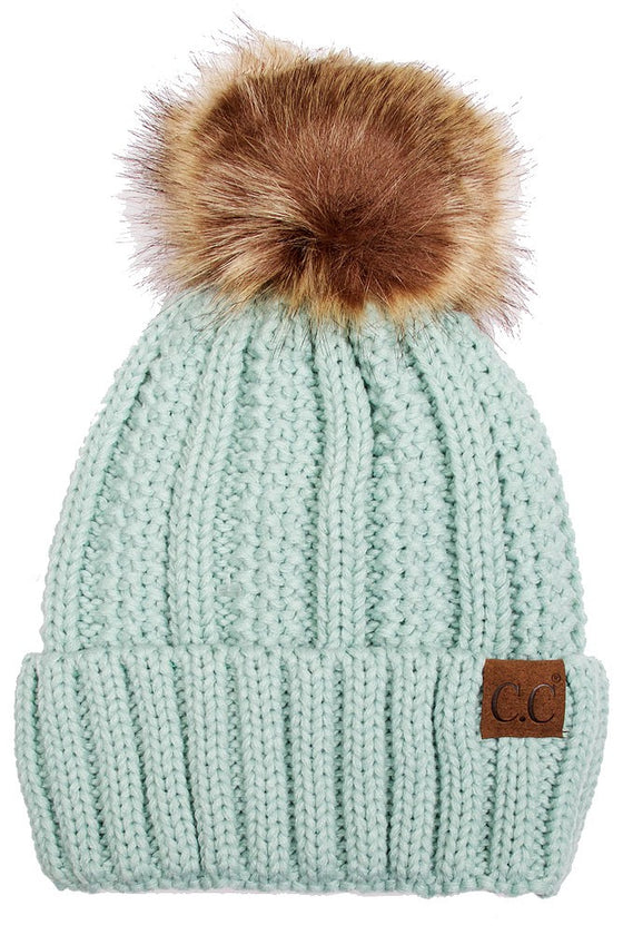 C.C Knitted Pom Pom Hat with Fuzzy Fleece Lining