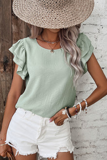  Aqua Color Ruffled Short Sleeve Blouse