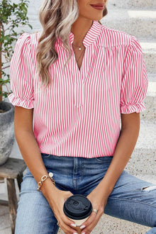  Pink Stripe Short Puff Sleeve Blouse