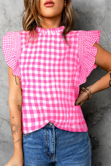  Pink Checkered Ruffled Sleeve Frilled Neck Blouse