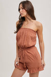 SMOCKED TUBE TOP RUFFLED HEM DRAWSTRING ROMPER