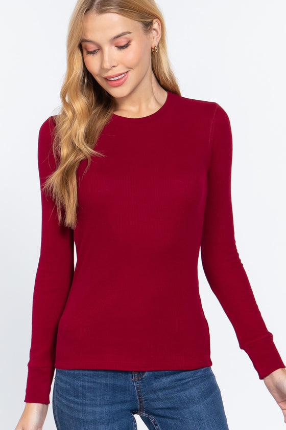Long Sleeve Crew Neck Thermal Knit Top - Wine
