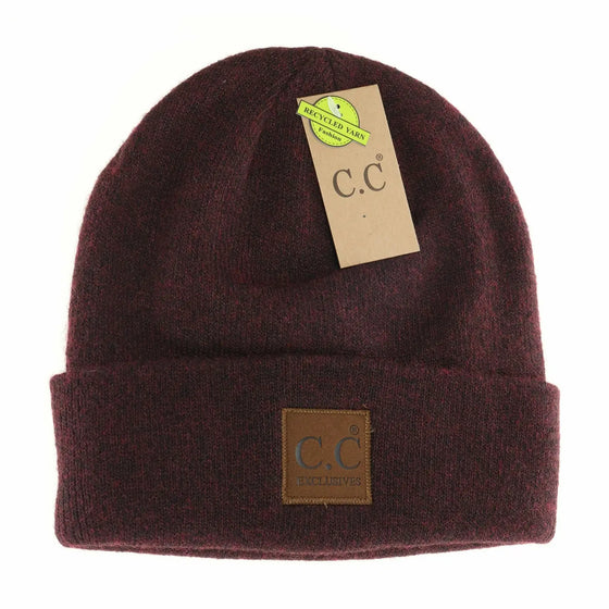 Unisex Soft Ribbed Leather Patch C.C. Beanie - Heather Wine