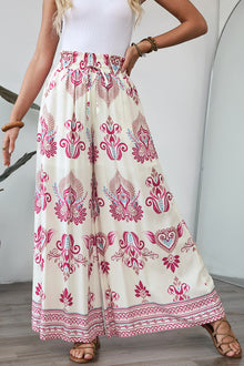  Rose Boho Printed Shirred High Waist  Wide Leg