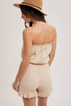 SMOCKED TUBE TOP RUFFLED HEM DRAWSTRING ROMPER