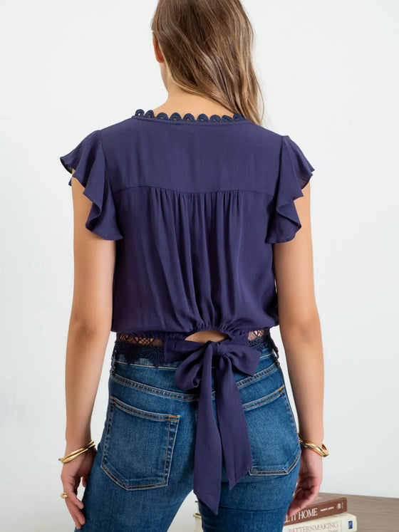 Scallop Lace Trim Back Tie Short Sleeve Crop Top - Navy