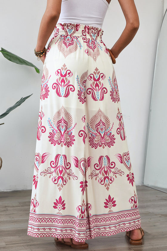 Rose Boho Printed Shirred High Waist  Wide Leg