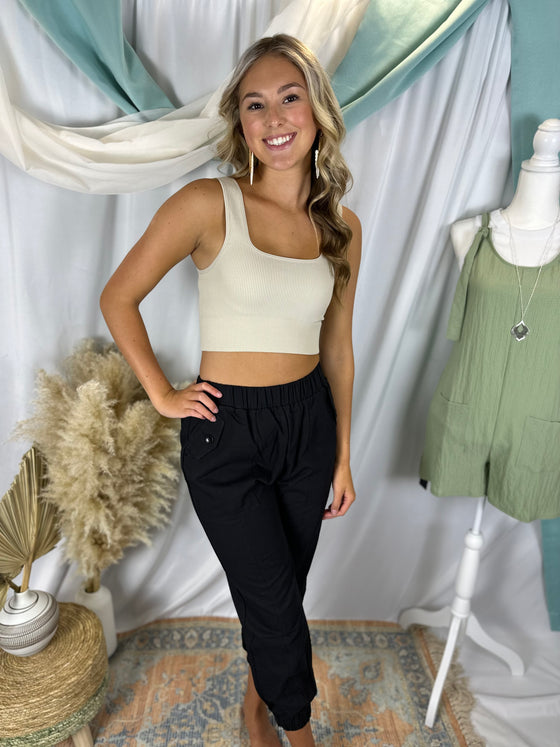Black Casual Pocketed Elastic Waist Joggers