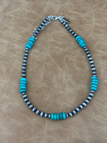  Handmade 16" Clustered Silver Navajo Necklace with Green beads