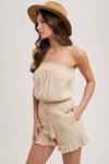 SMOCKED TUBE TOP RUFFLED HEM DRAWSTRING ROMPER